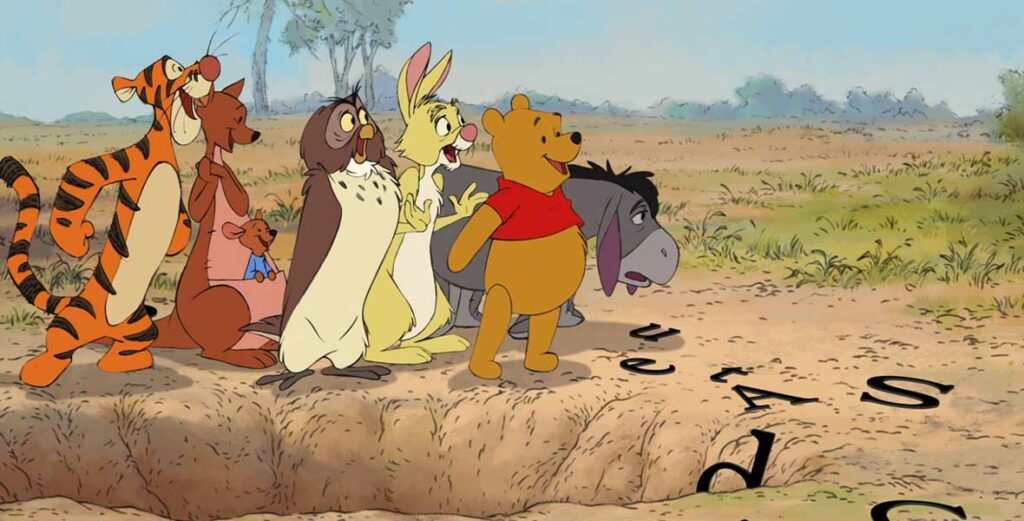 The Endearing Charm of Winnie the Pooh and Friends 21 Winnie the Pooh, Tigger, Kangaroo, Roo, Owl, Squirrel and Tussie in a playful and well-crafted presentation of the Disney version of A.A. Milne's books, where text and images are intertwined. PHOTO: DISNEY ENTERPRISES, INC