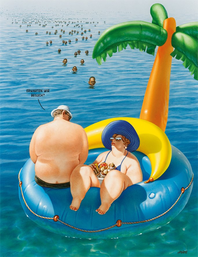 17 Gerhard Haderer Urlaubsgrüße aus Lampedusa 2014 © Gerhard Haderer 2016 klein - Gerhard Haderer – Think Big! Exhibition