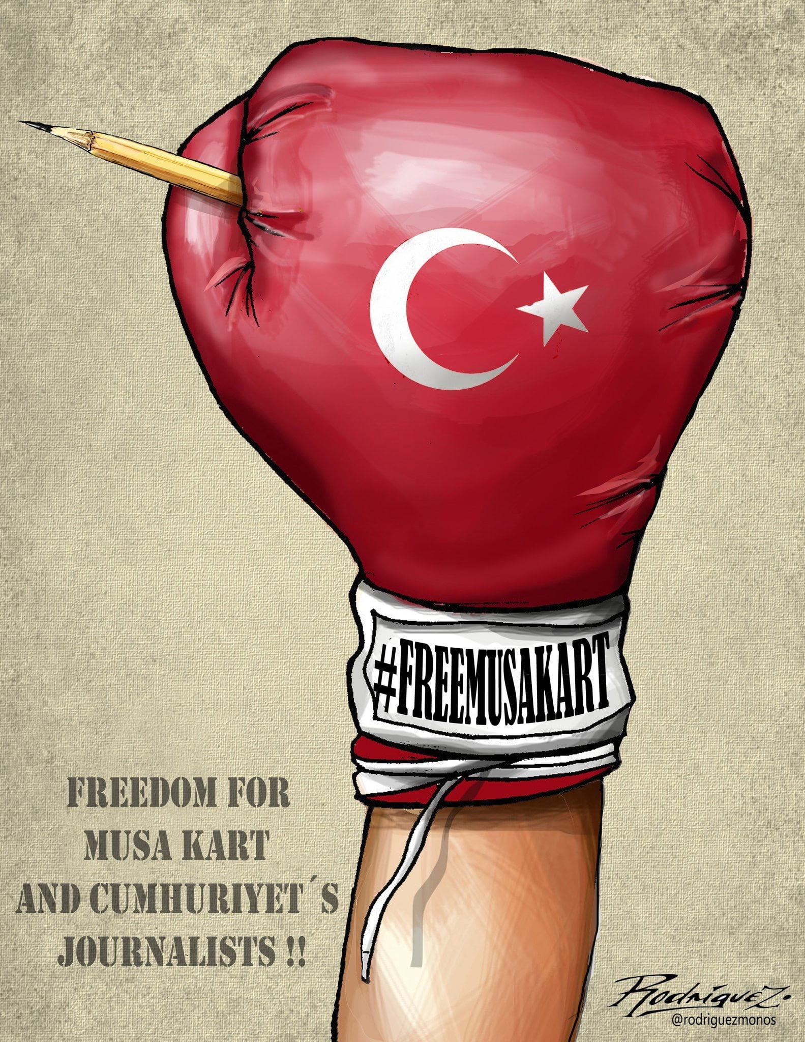 Free Turkish Cartoonist Musa Kart! Let's fight for the freedom of our colleague Musa Kart and the journalists of Cumhuriyet !! Editorial Cartoon by Antonio Rodriguez Garcia, from Mexico City, Mexico