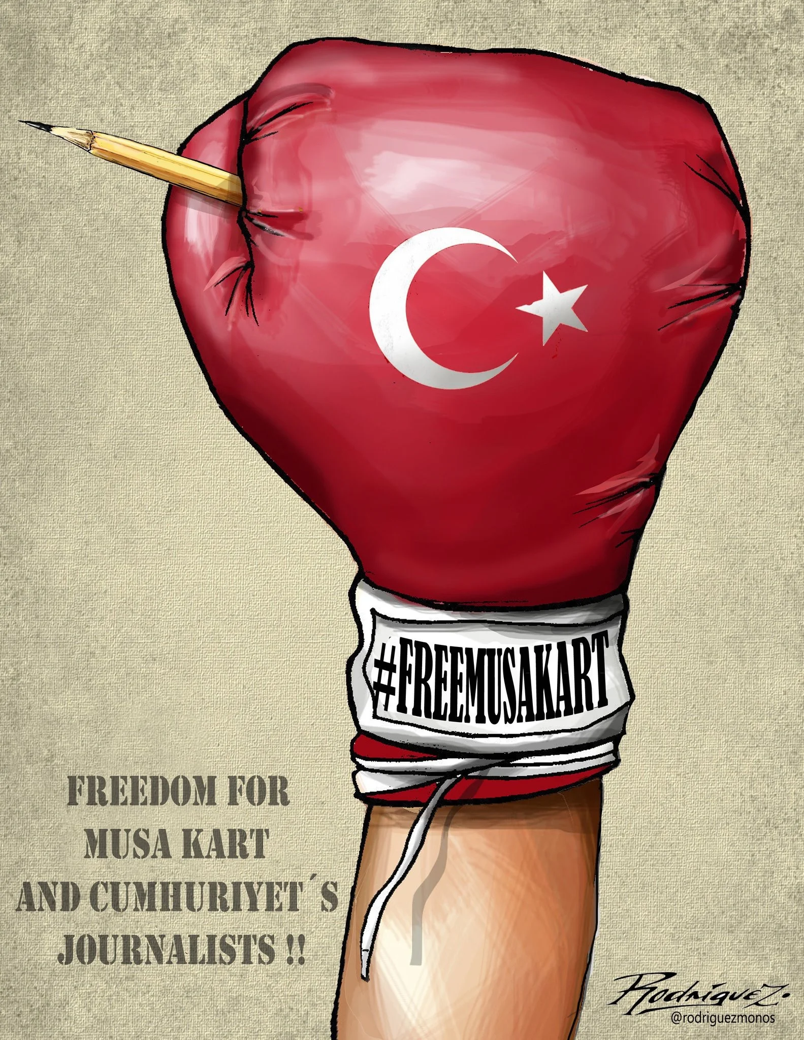 Free Turkish Cartoonist Musa Kart! Let's fight for the freedom of our colleague Musa Kart and the journalists of Cumhuriyet !! Editorial Cartoon by Antonio Rodriguez Garcia, from Mexico City, Mexico