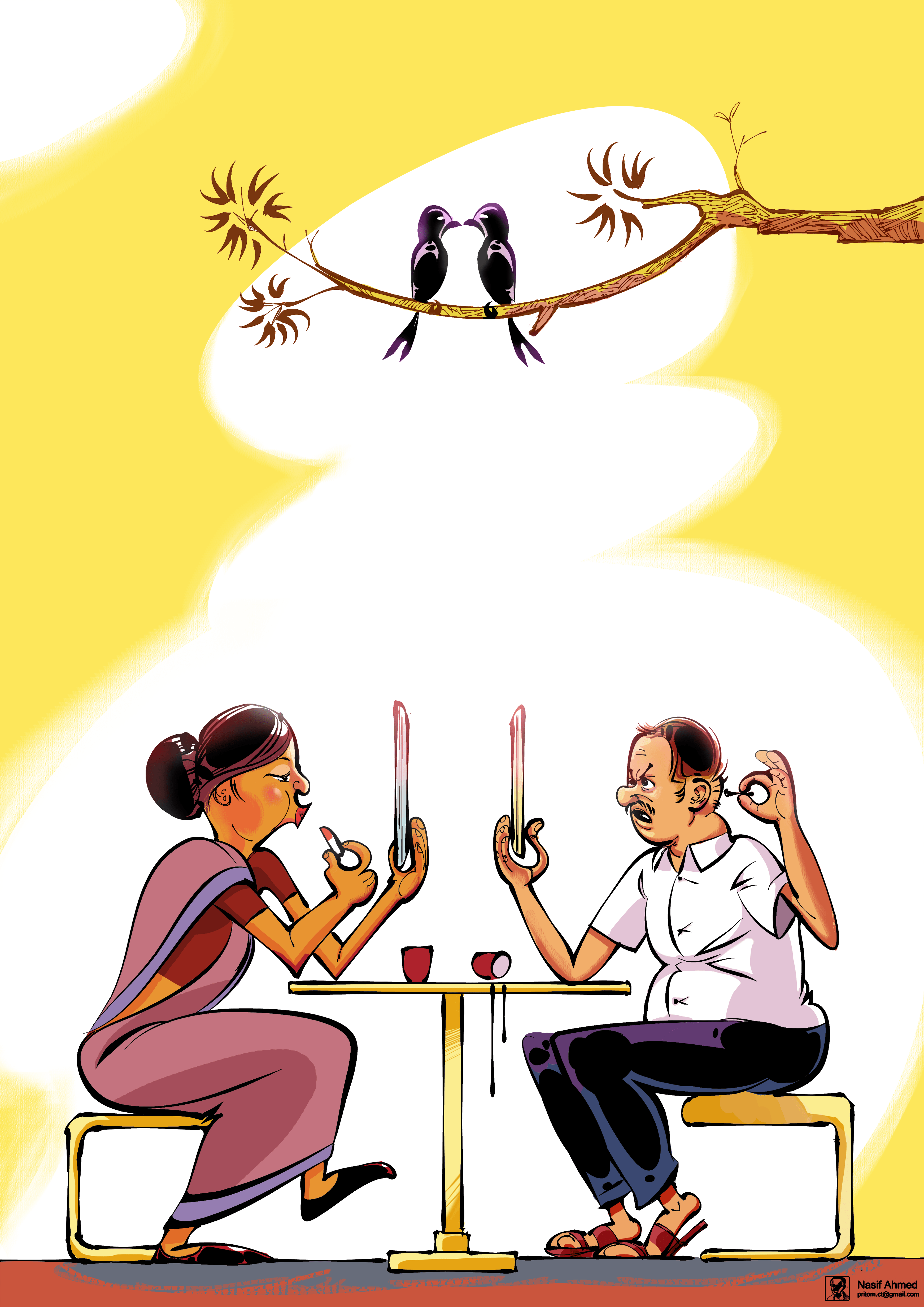 Kids today: Adults are obsessed too. A drawing of two adults who are addicted to the Internet and Social Media. Adults are obsessed