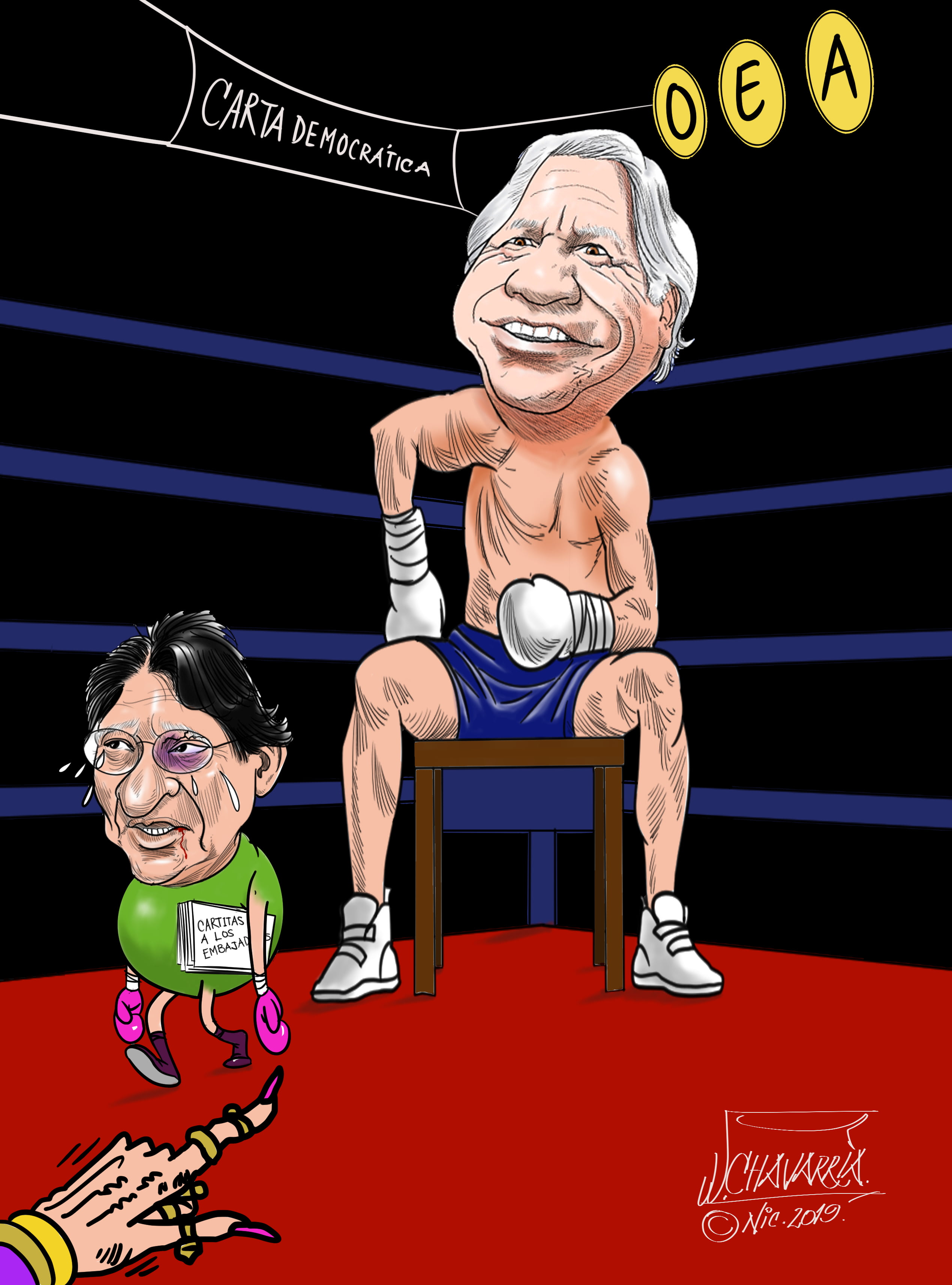 Secretary General OEA Luis Almagro vs Canciller Nicaragüense 11 boxeador en el ring de boxeo descanso cansado 79874692 - Secretary General OEA Luis Almagro vs Canciller Nicaragüense