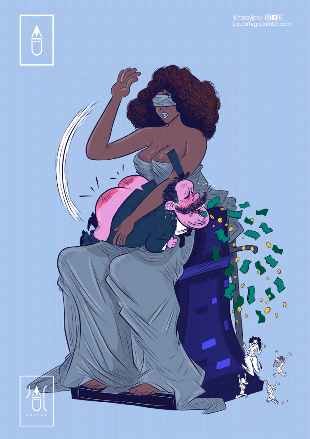 Poetic justice: a satire cartoon about justice and corruption in the politics. Poetic justice