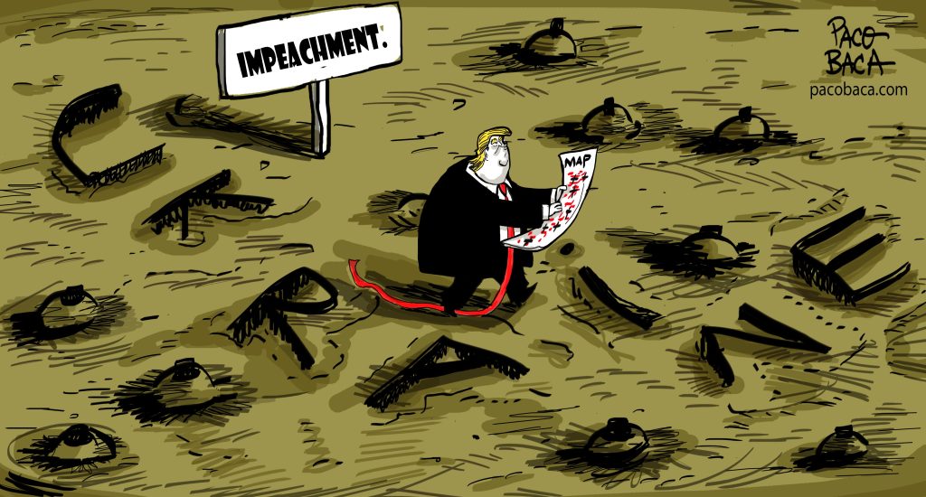 Minefield; a cartoon about Donald Trump walking on a Minefield. MINEFIELD... - MINEFIELD...