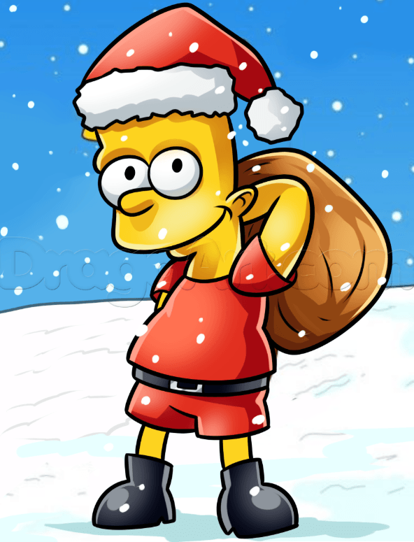 Learn and draw Christmas Bart Simpson drawing in 7 steps. 