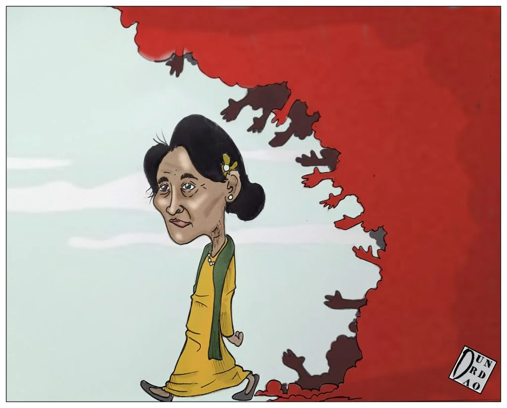 Cartoon: The Lady of Burma; Burma, bombs on Rohingya village despite the UN ruling